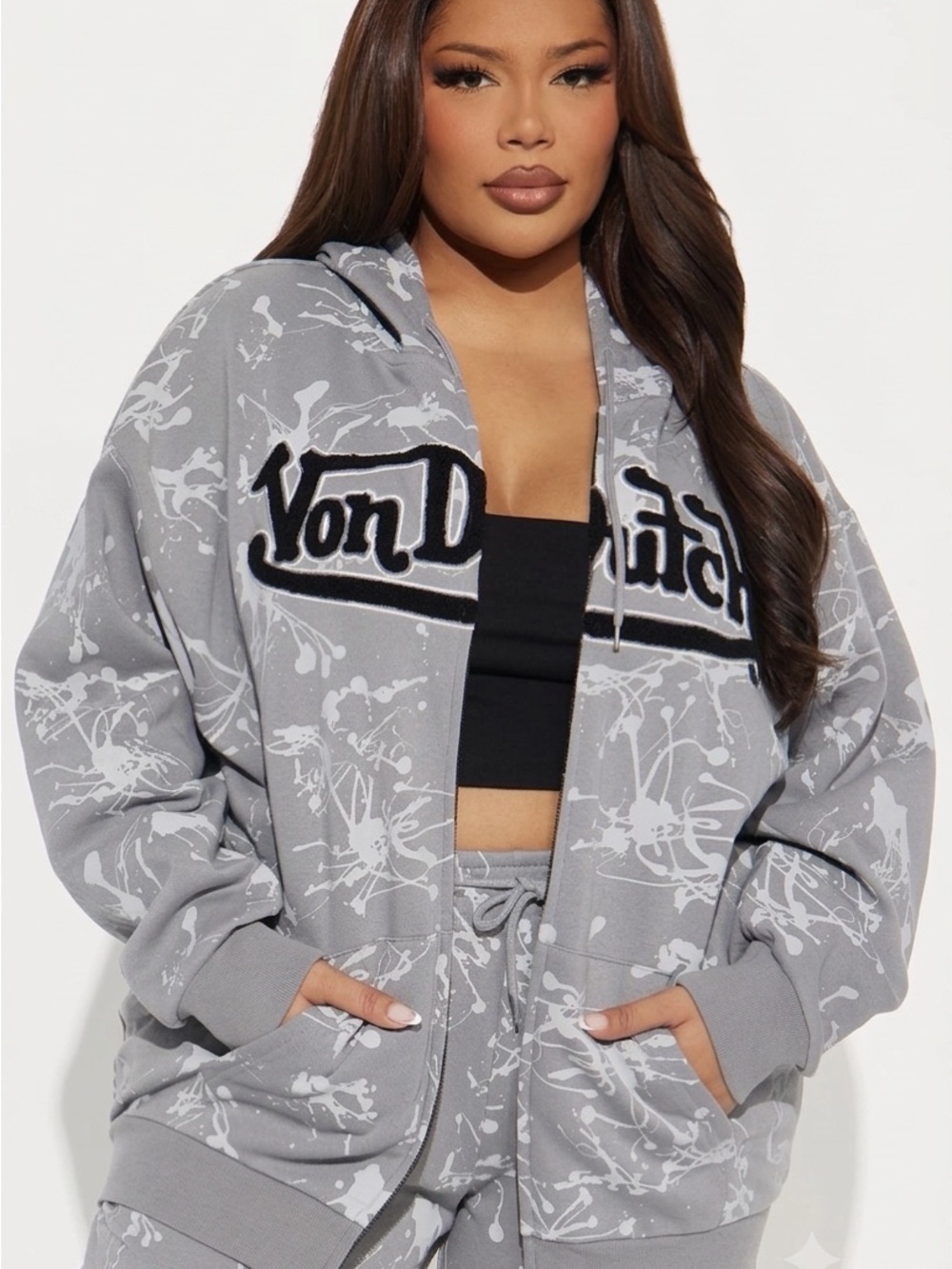 Von Dutch Paint Zip Up Hoodie - Grey/Black (Size XL)
